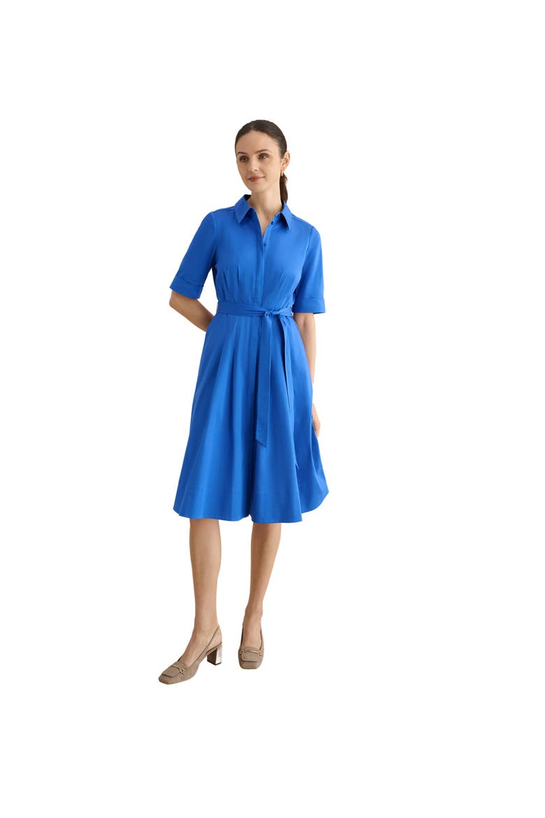 Brigitta Pleated Tie Belt Shirt Dress, Main, color, French Blue