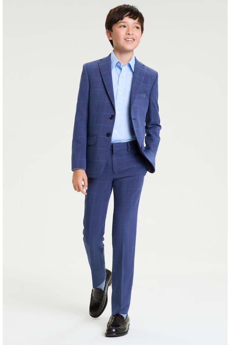 Kids' Blue Windowpane Stretch Suit, Alternate, color, BLUE