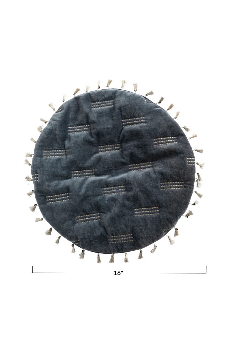Cotton Velvet Pillow with Metallic Embroidery and Tassels, Alternate, color, Blue