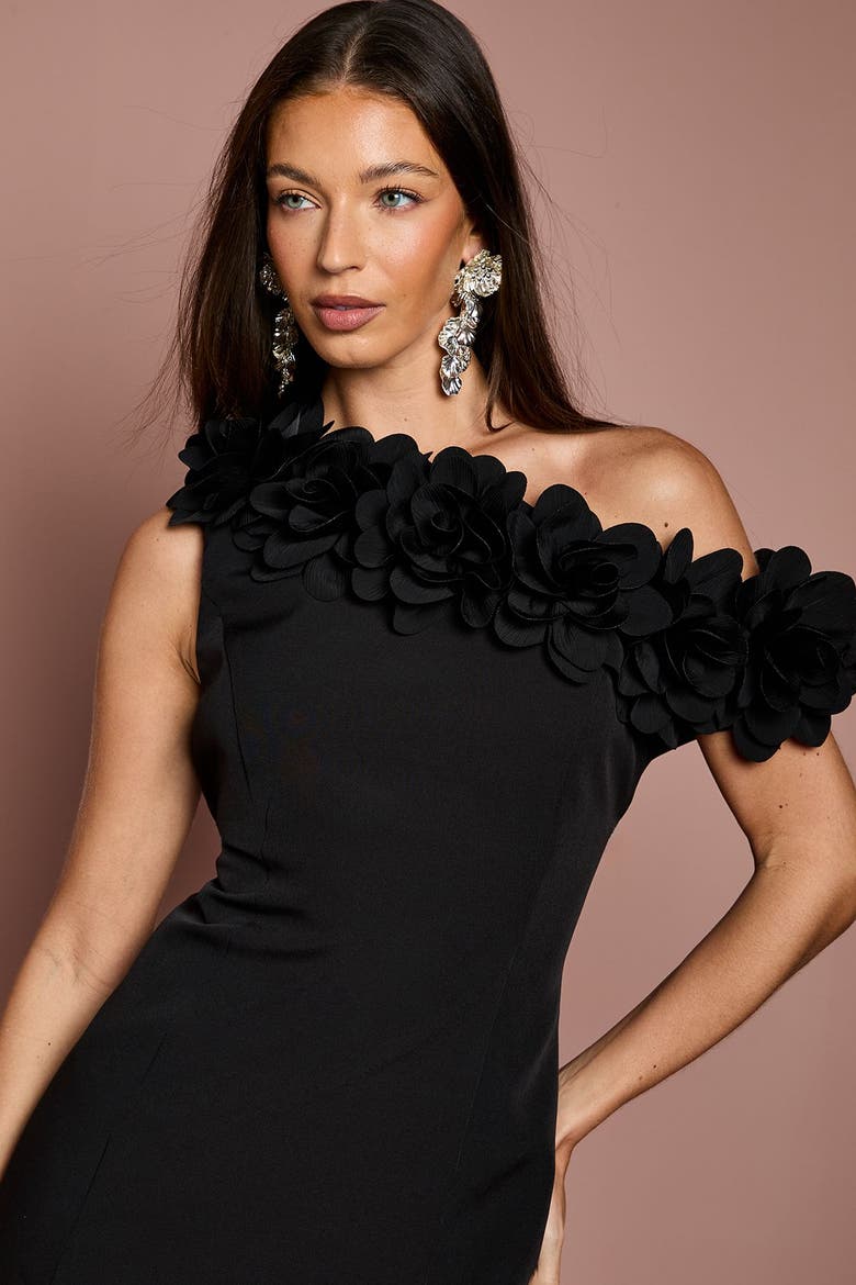 3d Floral One Shoulder Mini Dress, Alternate, color, Black