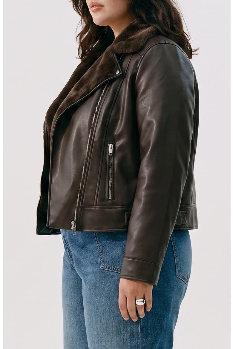 Faux Leather Jacket with Faux Fur Trim, Alternate, color, CHOCOLATE TORTE