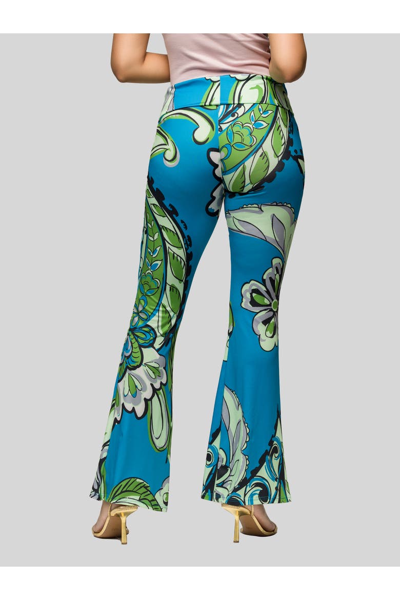Teal Paisley Print Bell Bottom Foldover Waist Pants, Alternate, color, Blue Multi