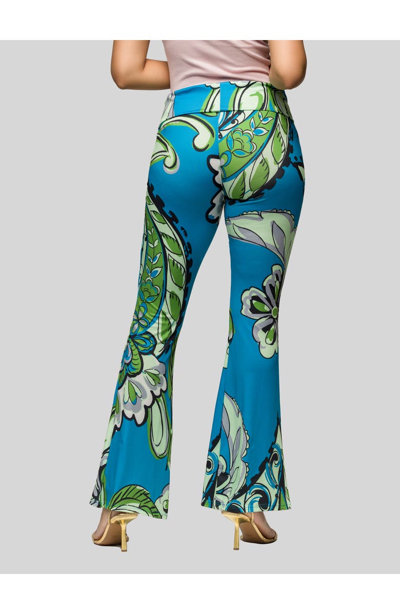 24seven Comfort Apparel Teal Paisley Print Bell Bottom Foldover Waist Pants, Alternate, color, Blue Multi