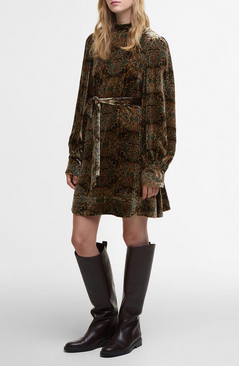 Barbour x Farm Rio Ana Clara Long Sleeve Velvet Minidress, Alternate, color, Pineapple Print