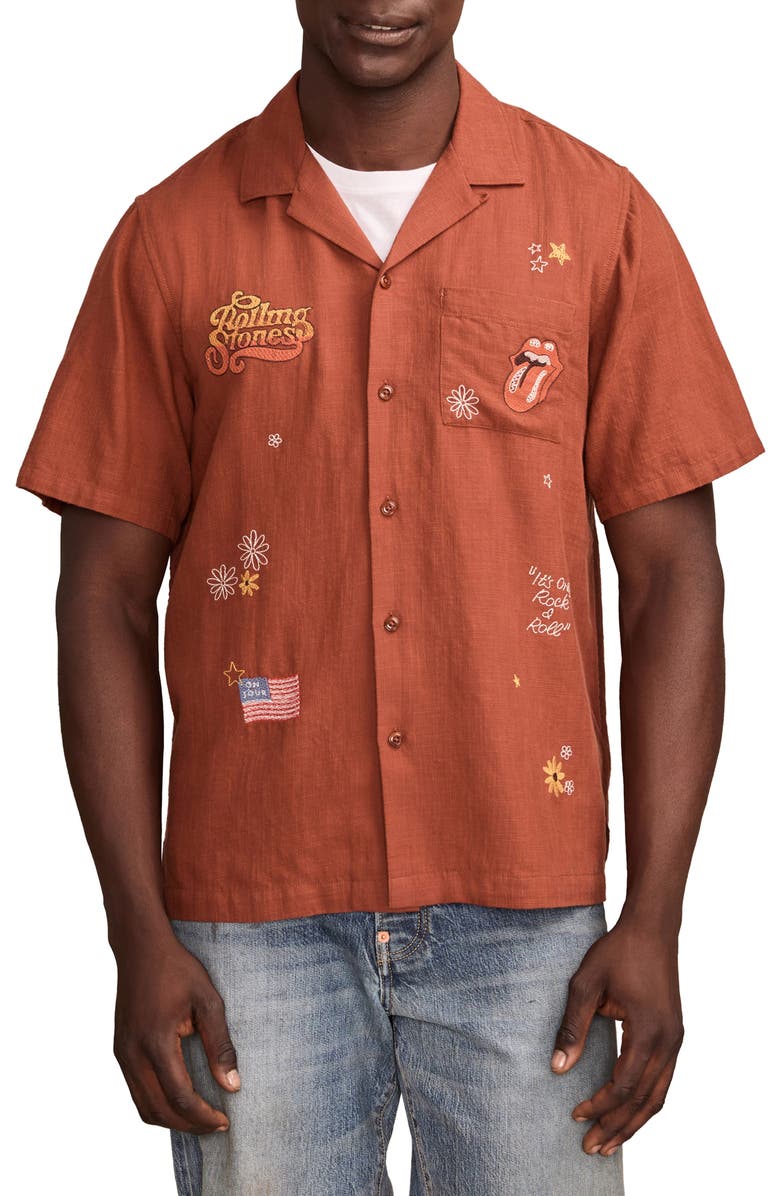 Lucky Brand Rollin Stones Embroidered Cotton Camp Shirt, Main, color, 