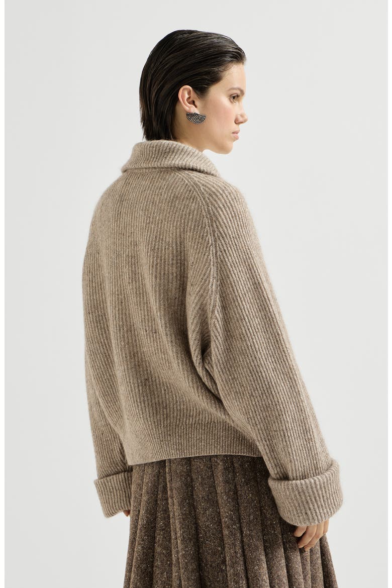 Sparkling cashmere, mohair and wool ribbed cardigan with shiny zipper pull, Alternate, color, Light Brown