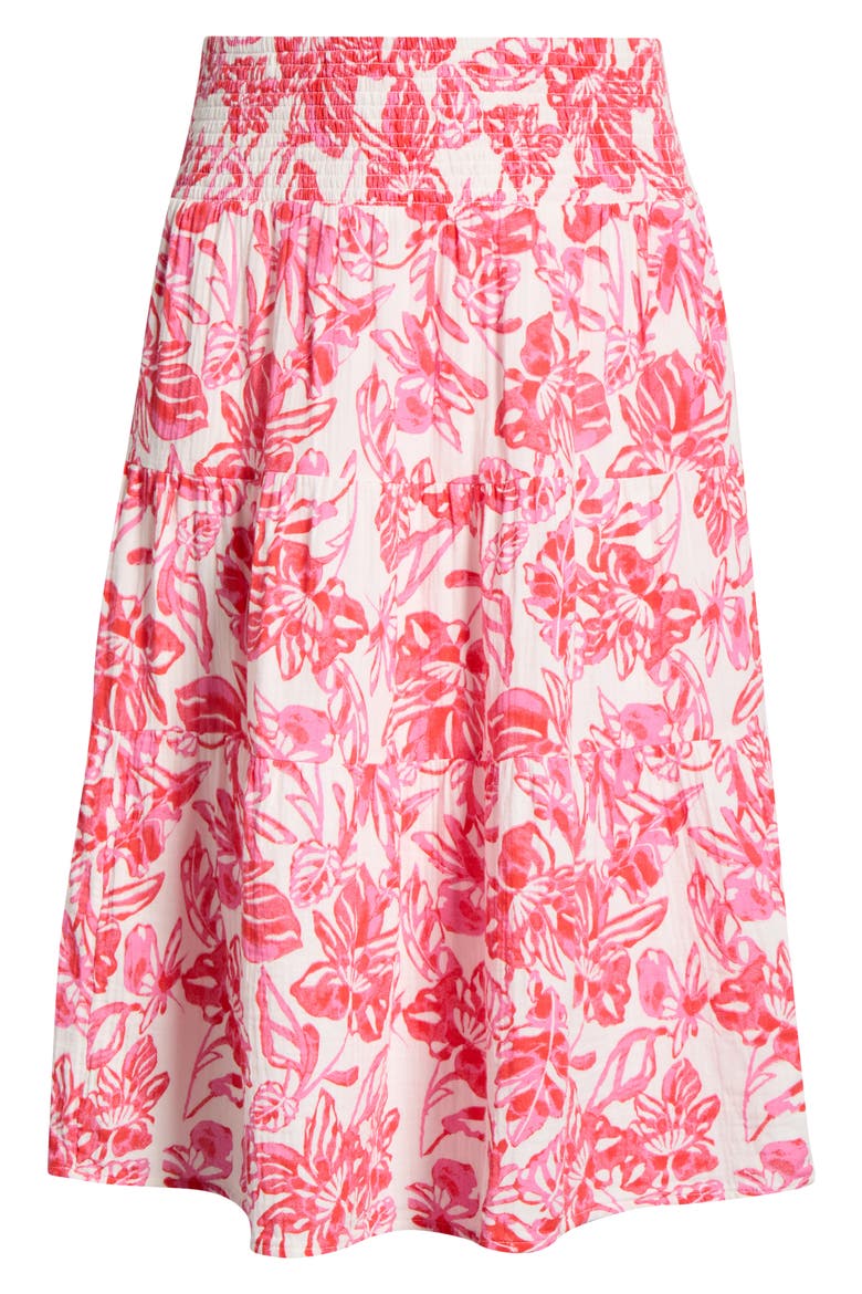 Tiered Cotton Gauze Midi Skirt, Alternate, color, IVORY/ RED PINK ELLIE BLOSSOM