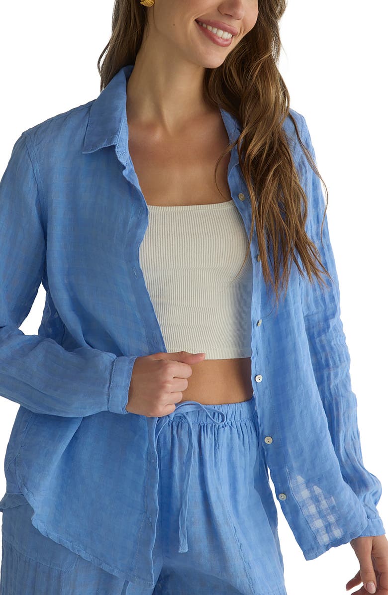 Bella Dahl Clean Front Linen & Cotton Button-Up Shirt, Alternate, color, Riviera Blue