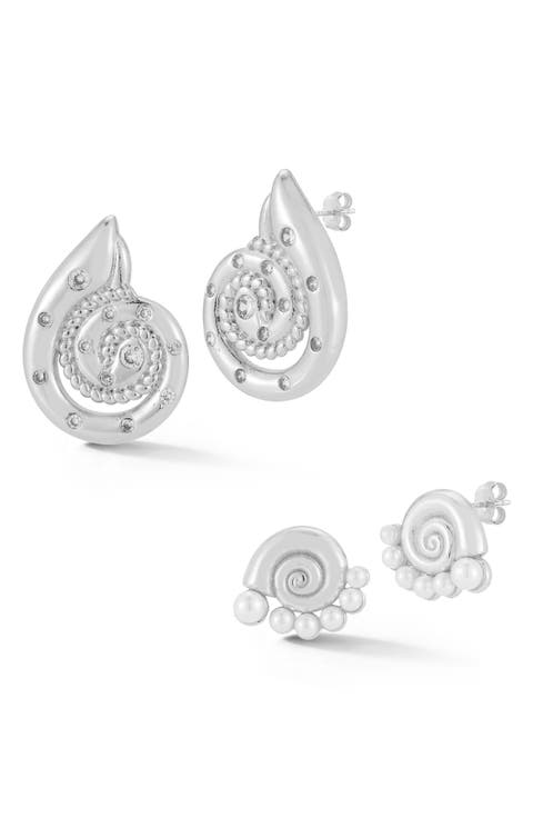 Set of 2 Faux Pearl & Cubic Zirconia Shell Stud Earrings