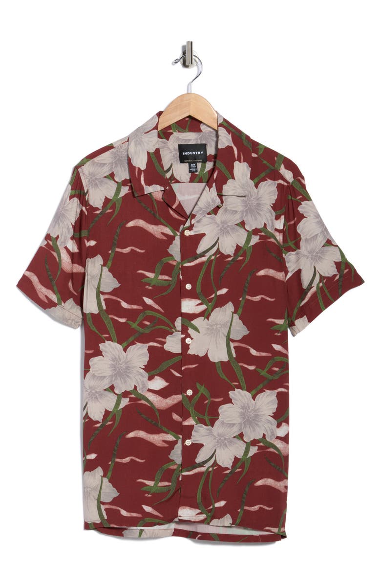 INDUSTRY REPUBLIC CLOTHING Floral Camp Shirt, Alternate, color, Wine Ground Hawaii Print
