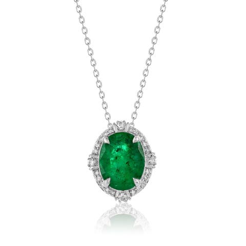 14K Gold 2.86cttw Oval-Cut Emerald & 0.18cttw Diamonds Pendant Necklace