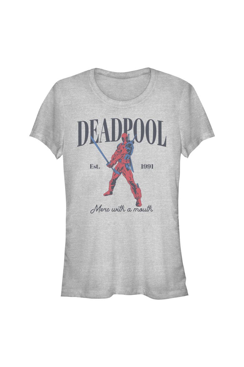 Junior's Marvel Deadpool Merc with a Smile  Graphic T-Shirt, Main, color, Athletic Heather