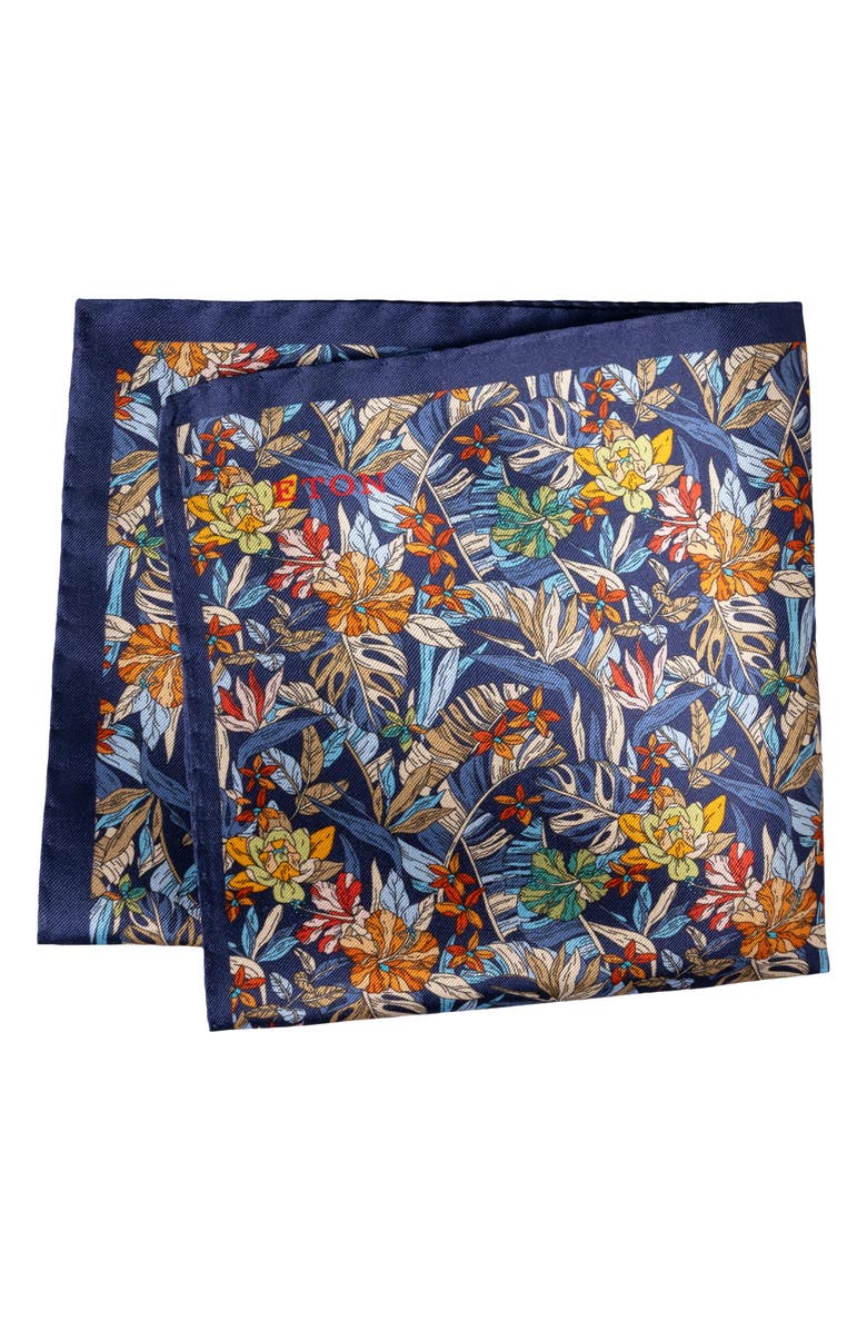 Eton Tropical Print Silk Pocket Square, Main, color, Navy