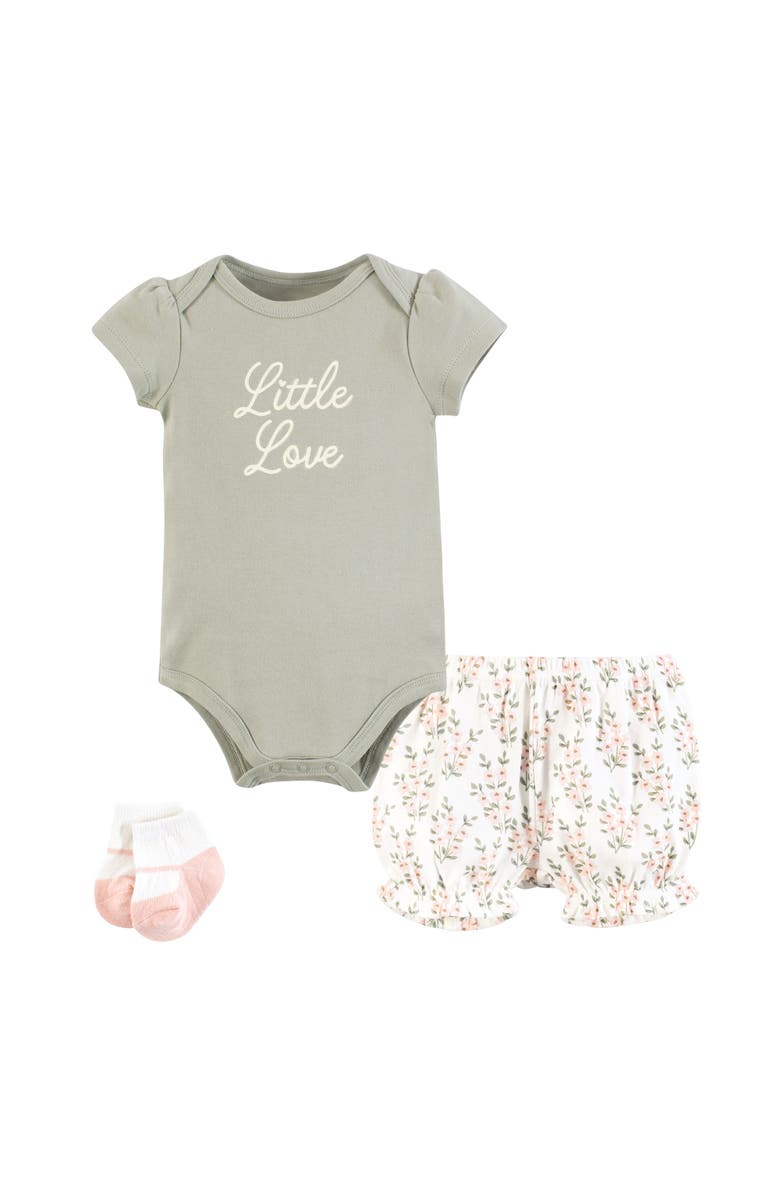 Hudson Baby Coordinated Bodysuit Outfit with Shorts and Socks, Main, color, Pink Sage Floral