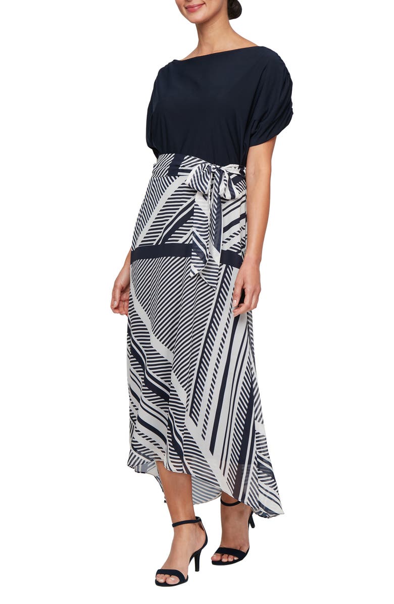 SL FASHIONS Short Sleeve Mixed Media High-Low Dress, Main, color, Navy Multi