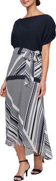 SL FASHIONS Short Sleeve Mixed Media High-Low Dress