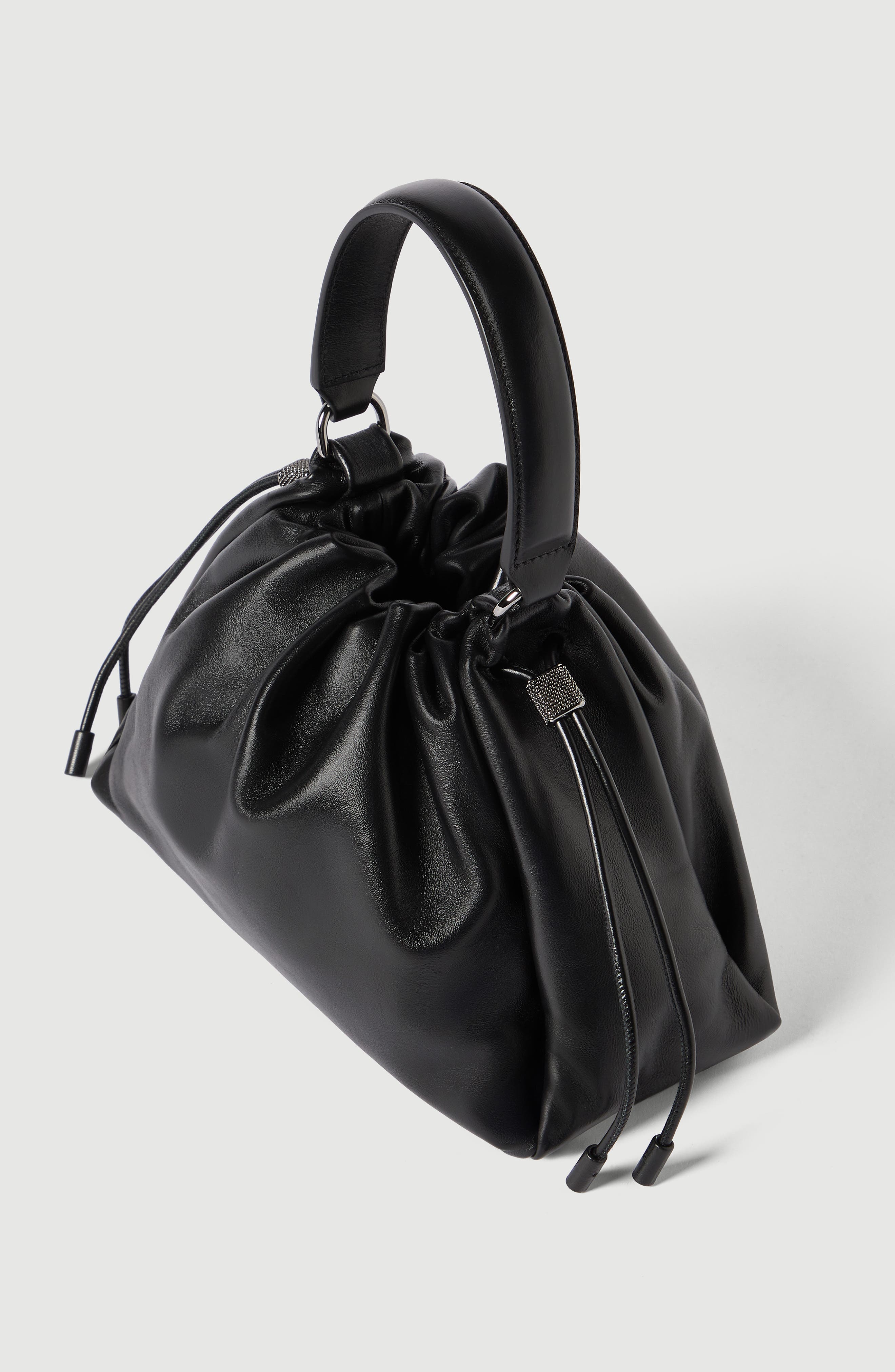 Brunello Cucinelli Small Soft Leather Mellow Bucket bag, Alternate, color, Black