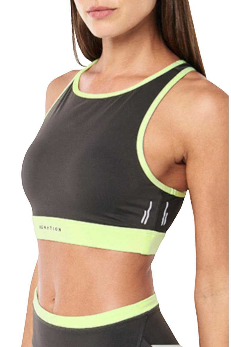 Rapid High Neck Sports Bra, Alternate, color, CAVIAR/ WASHED LIME