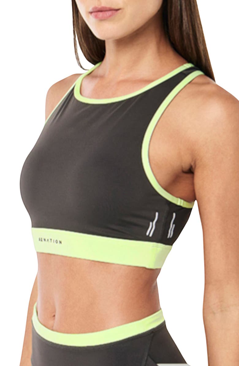 P.E Nation Rapid High Neck Sports Bra, Alternate, color, Caviar/ Washed Lime