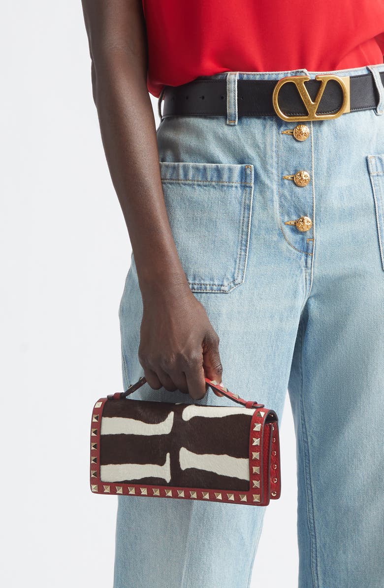 Valentino Garavani Rockstud Genuine Calf Hair Wallet with Crossbody Strap, Alternate, color, Red