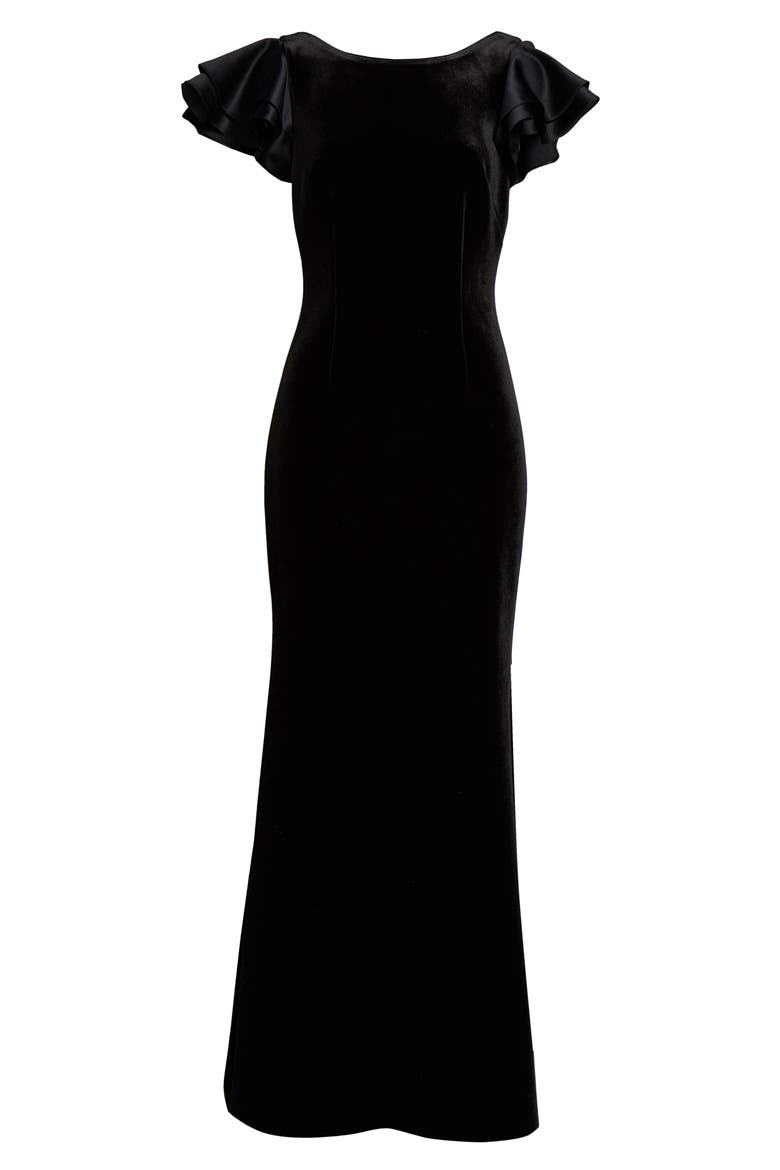 Satin Sleeve Velvet Trumpet Gown, Alternate, color, BLACK