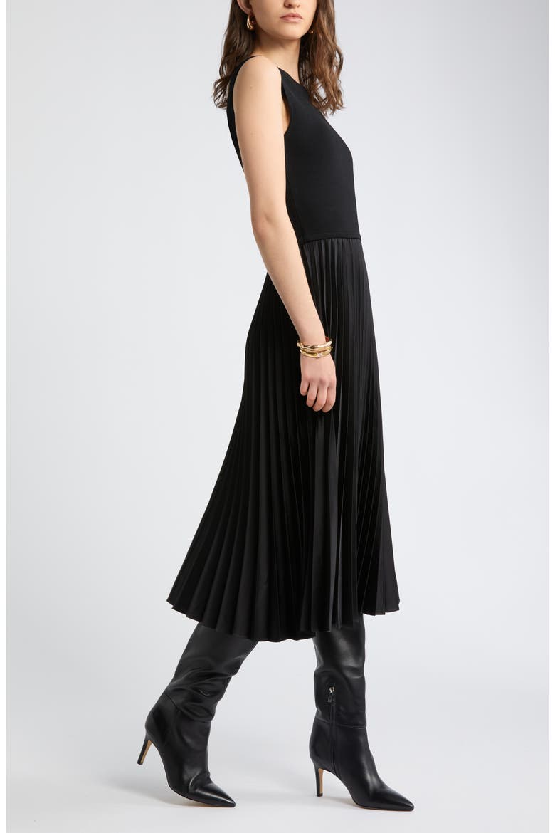 Pleated Mixed Media Midi Dress, Alternate, color, BLACK