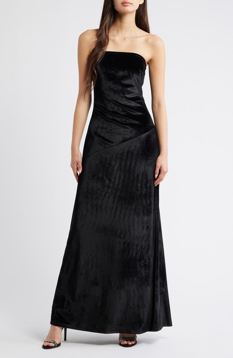 Marcella Sophie Strapless Velvet Maxi Dress, Main, color, Black