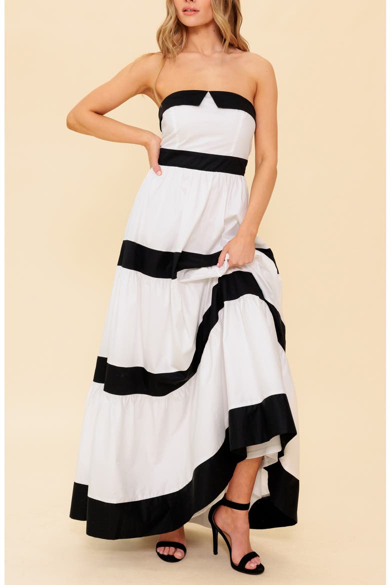 Colorblock Strapless Tiered Cotton Maxi Dress, Alternate, color, WHITE/ BLACK
