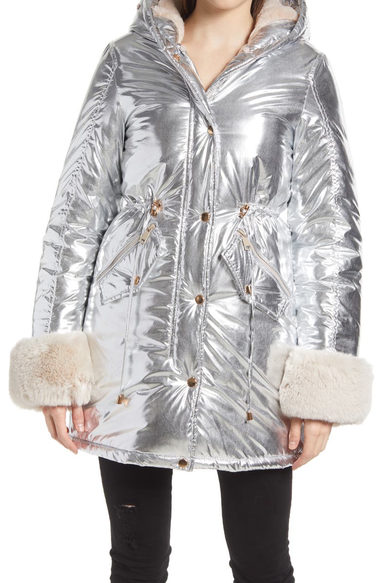 AZALEA WANG Metallic Puffer Jacket with Faux Fur Trim, Alternate, color,