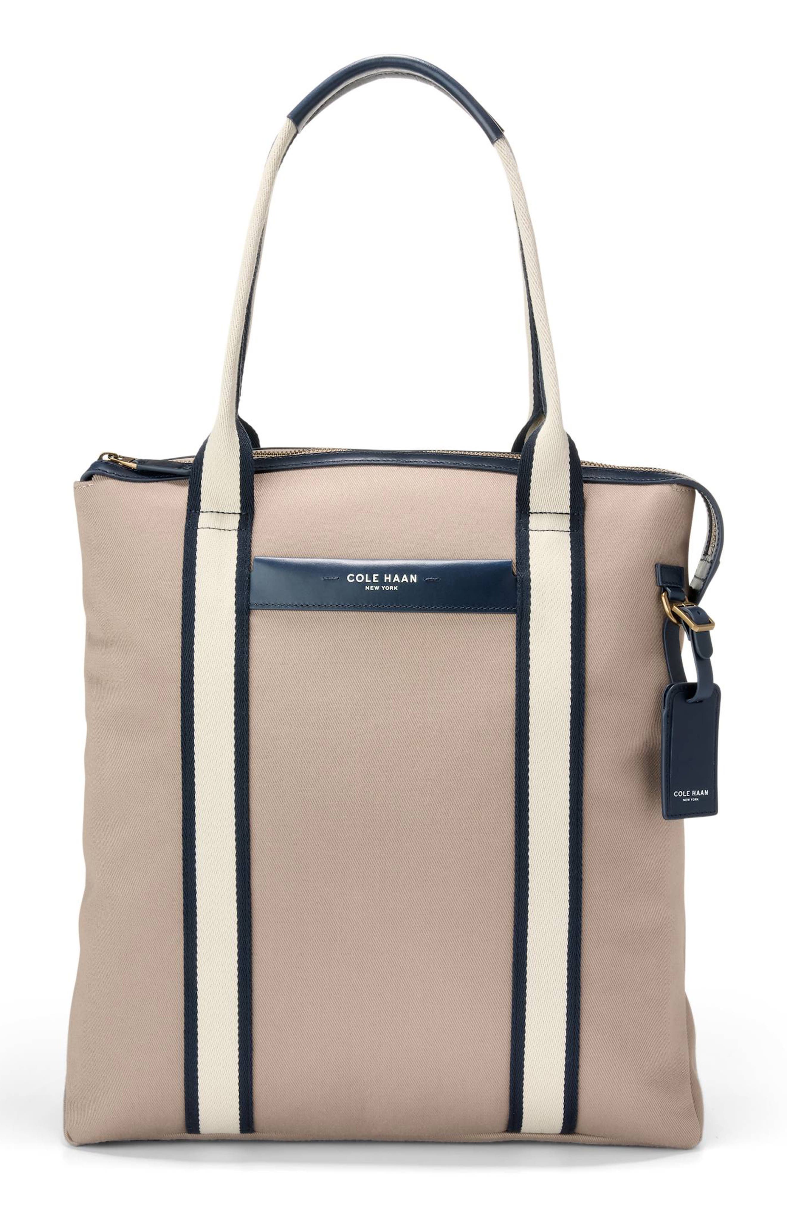 Cole Haan Judson North/South Brushed Twill Tote, Main, color, Oxford Tan/Navy Blazer/Angora
