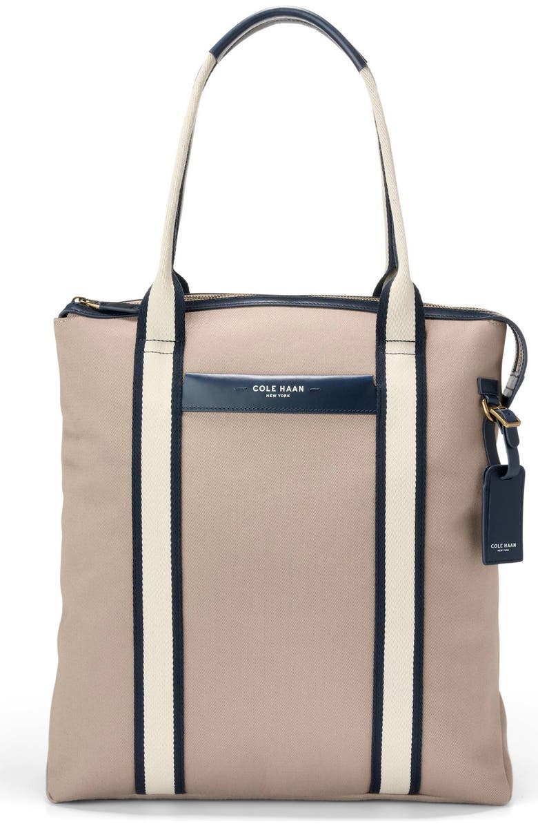 Cole Haan Judson North/South Brushed Twill Tote, Main, color, Oxford Tan/Navy Blazer/Angora