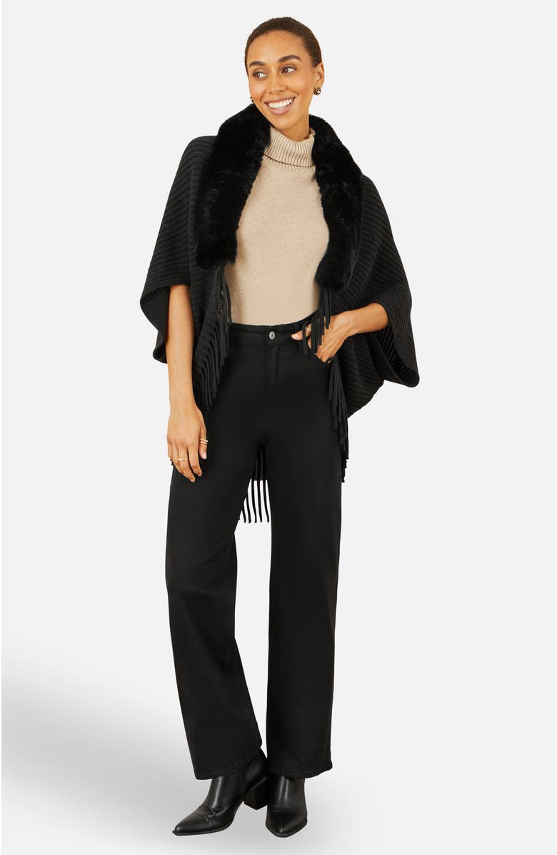Yumi Fur Collar Shrug With Tassel Hem, Alternate, color, Black