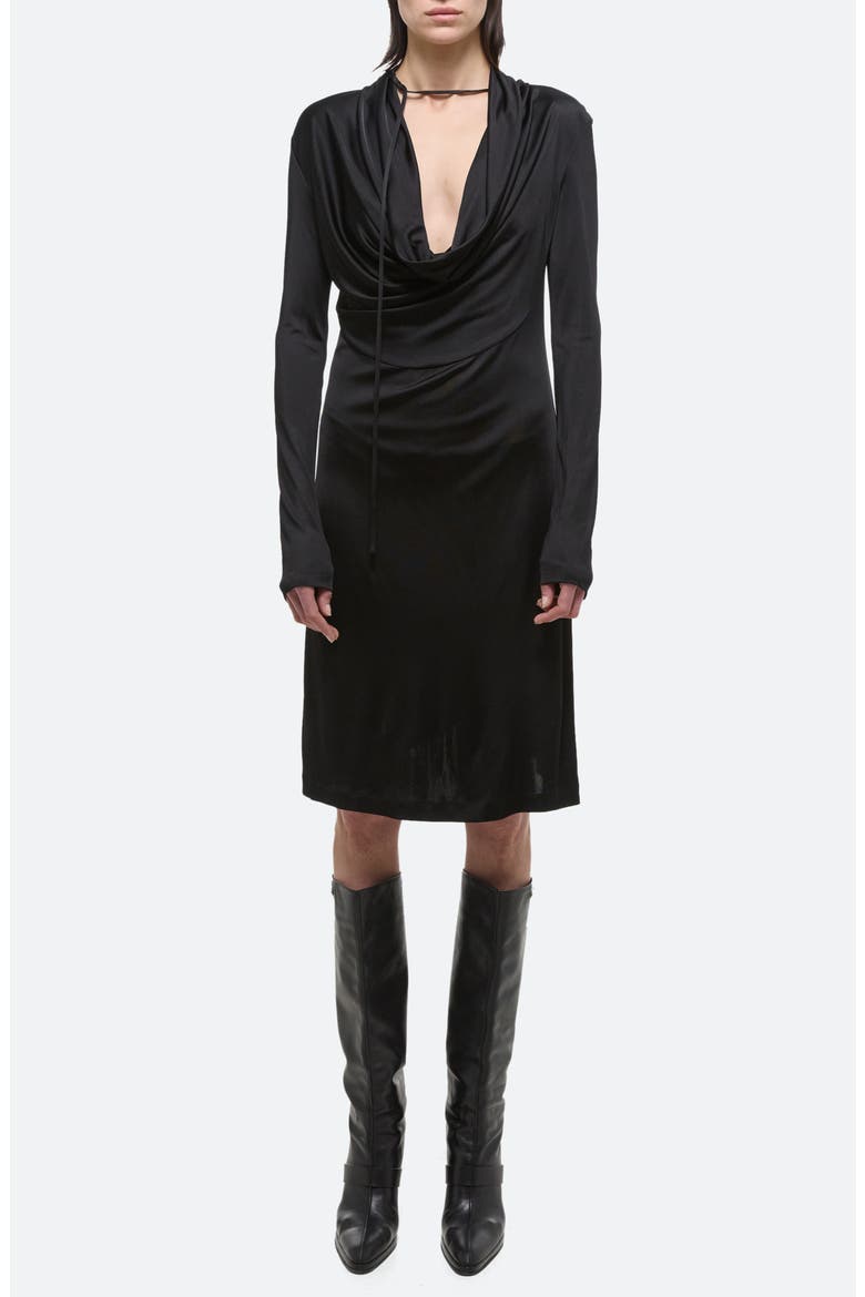 long sleeve cowl neck dress Beaujolais Neckline Ruffle Satin Mini White think delicate hoop earrings and a simple bracelet Helmut Lang Cowl Mini Dress