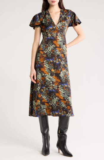 Derek Lam 10 Crosby Cecile Flutter Sleeve Midi Dress In Multi