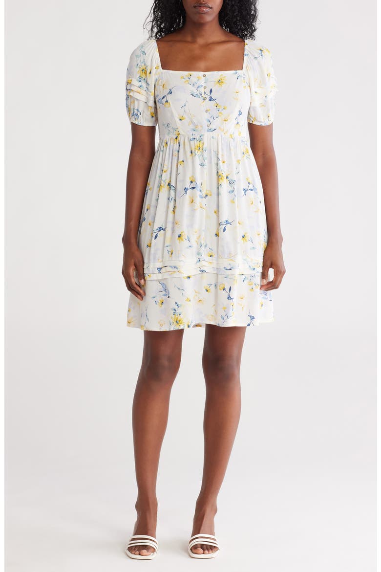 Floral Puff Sleeve Tiered Minidress, Main, color, CREAM/ YELLOW
