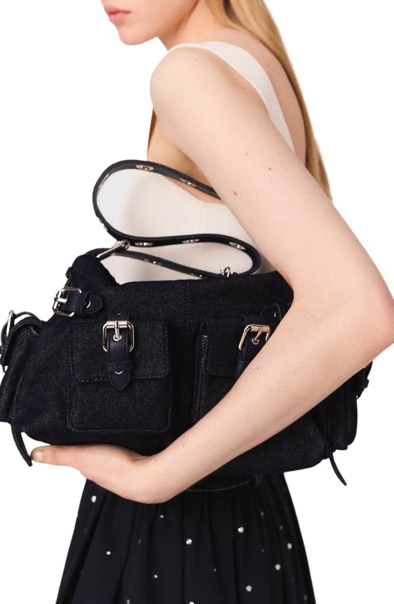 maje Studded flared cotton skirt, Alternate, color, Navy