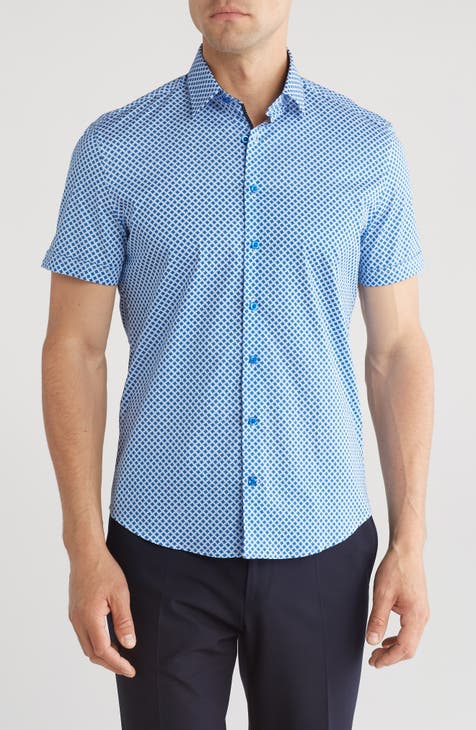 Diamond Print Stretch Cotton Short Sleeve Button-Up Shirt