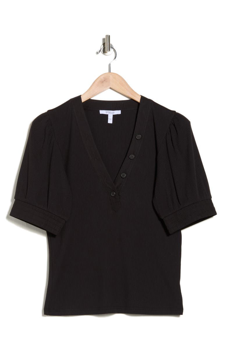 Derek Lam 10 Crosby Heather Puff Sleeve Stretch Cotton Polo, Alternate, color, Black