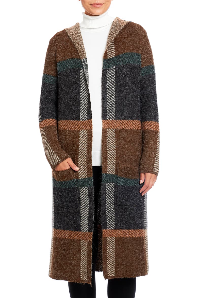 Plaid Hooded Maxi Cardigan, Main, color, CHOCOLATE PLAID