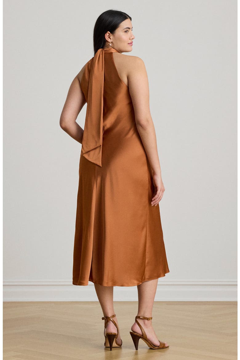 Tie Back Charmeuse Halter Neck Cocktail Dress, Alternate, color, RED TERRACOTTA