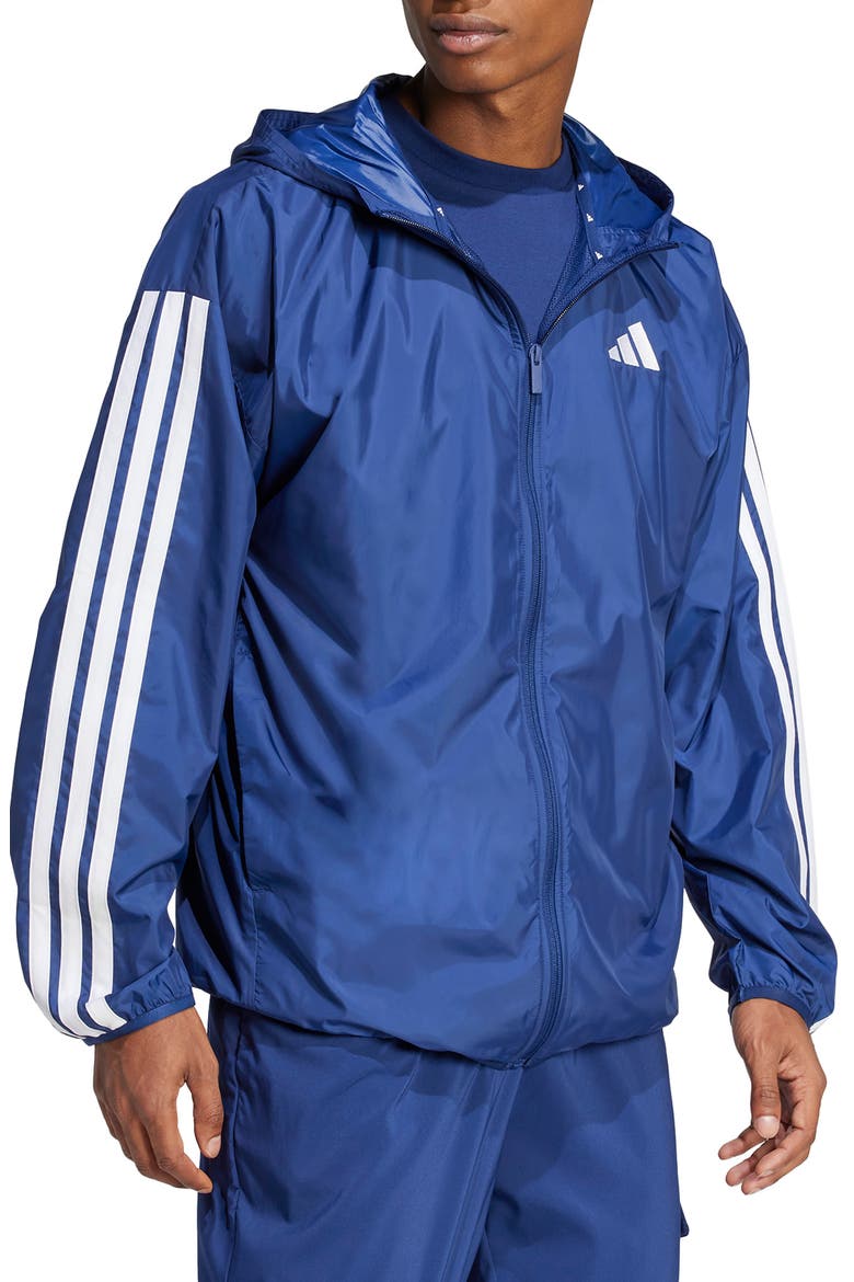 Essential 3-Stripes Hooded Windbreaker, Alternate, color, DARK BLUE/ WHITE