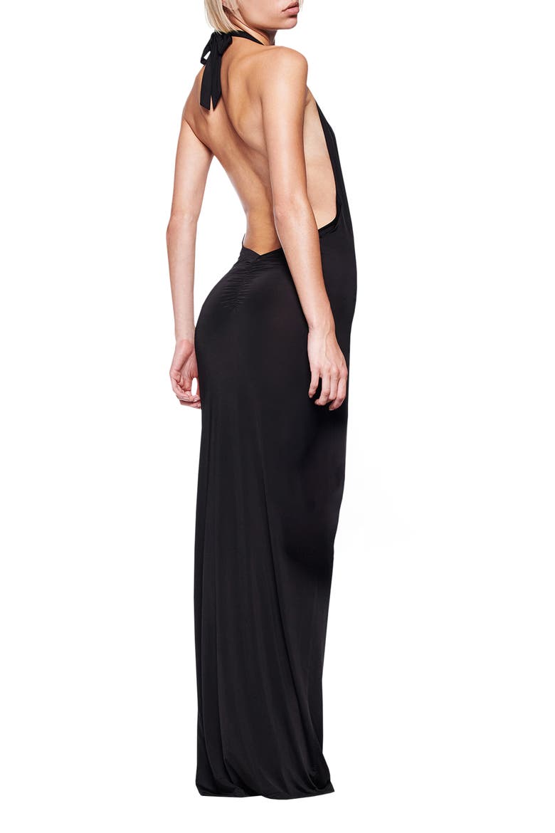 Ziva Plunge Halter Maxi Cocktail Dress, Alternate, color, BLACK
