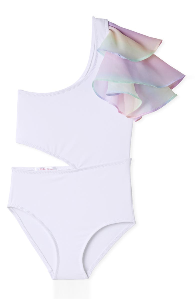 Stella Cove Side Cutout Ruffle One-Shoulder One-Piece Swimsuit, Main, color,