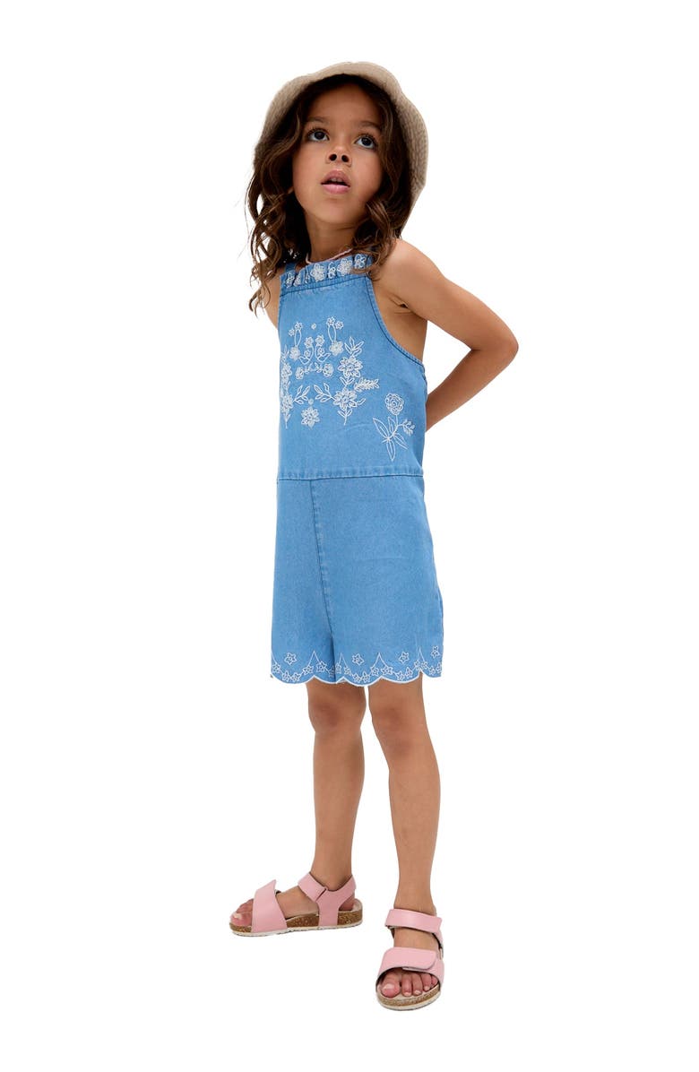 Raffya Kids Rachel Scalloped Hem Embroidered Romper, Alternate, color, Blue