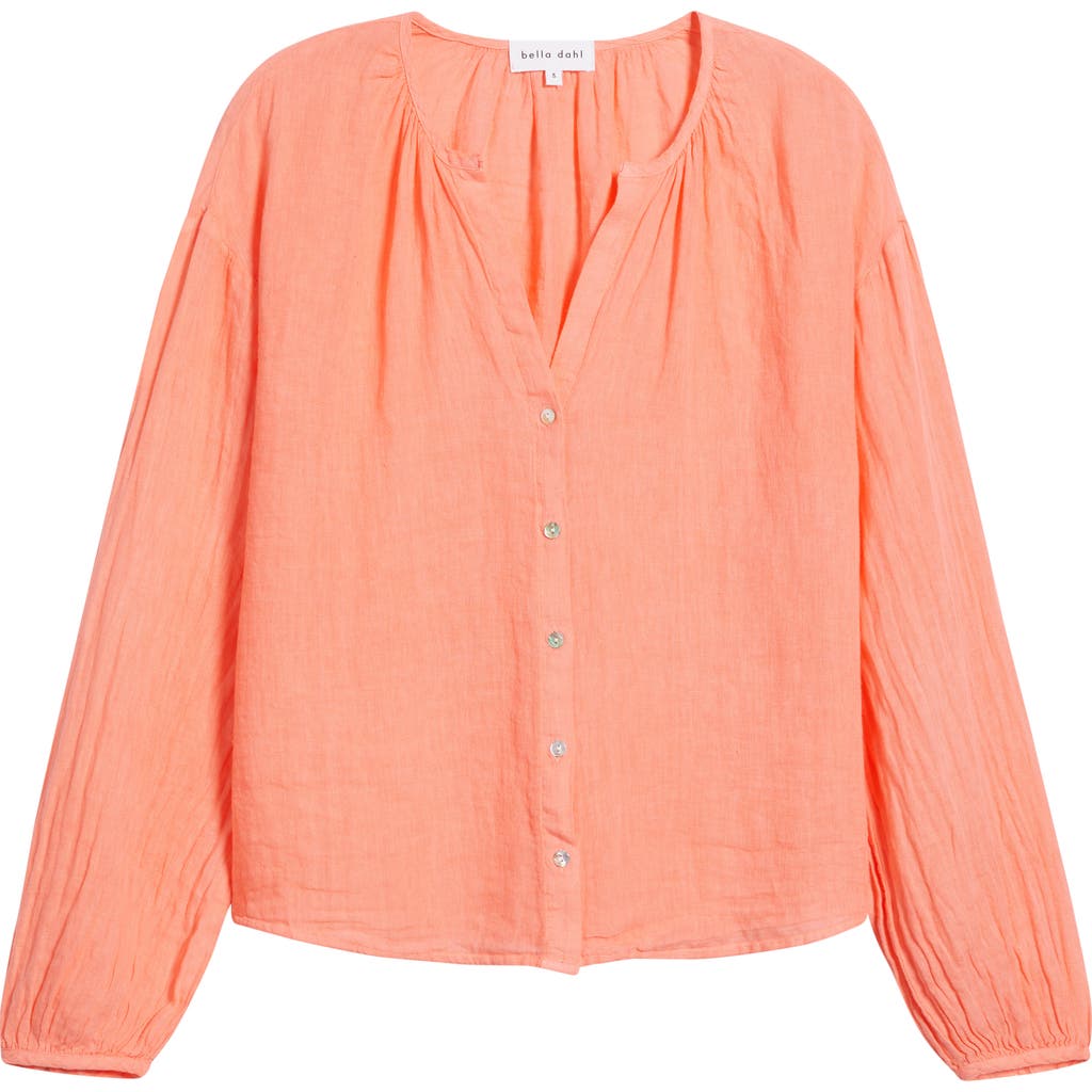 BELLA DAHL BELLA DAHL SHIRRED NECK LINEN BUTTON-UP SHIRT