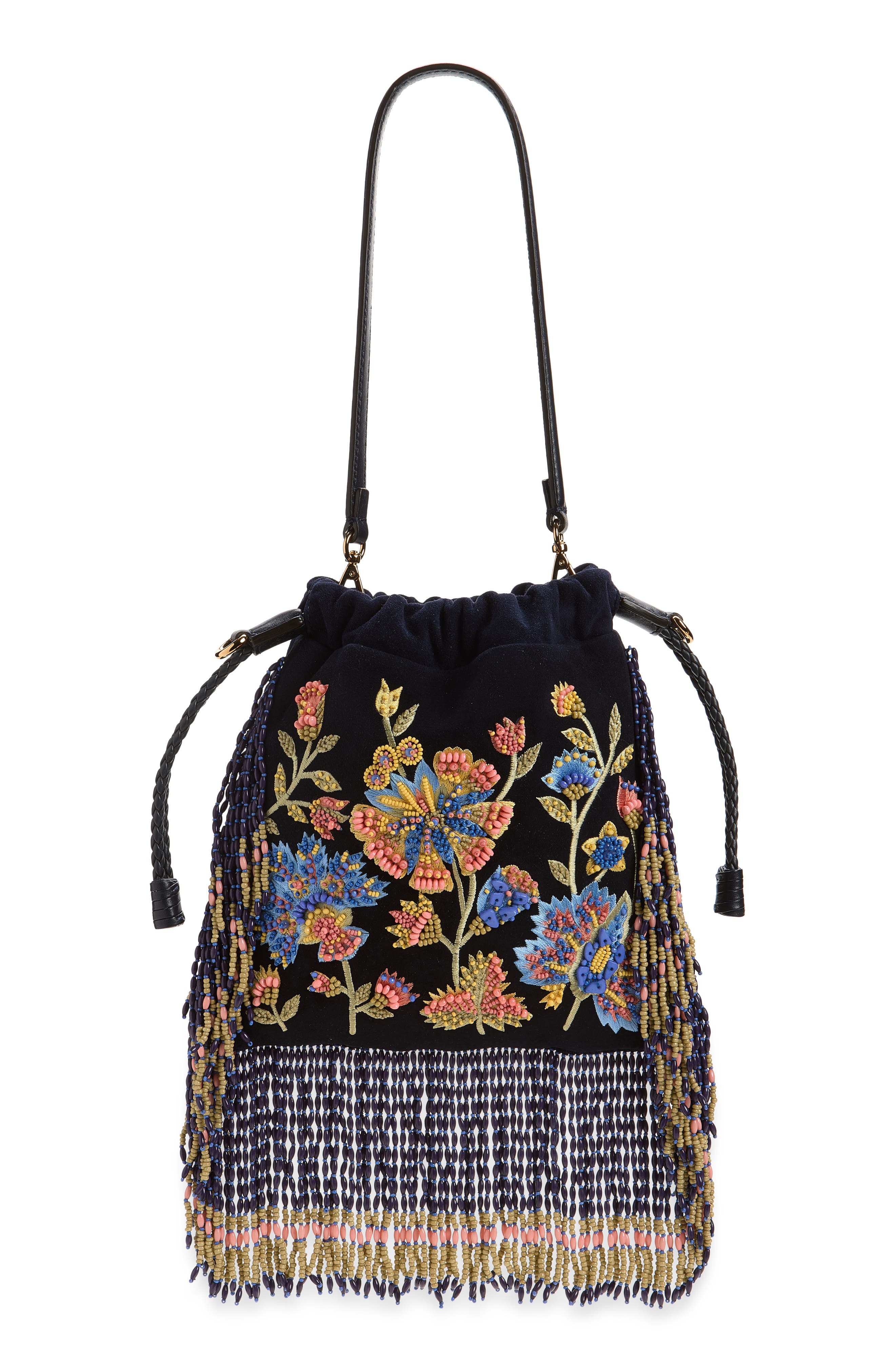 Kalispera Beaded Fringe Suede Shoulder Bag, Main, color, BLUE