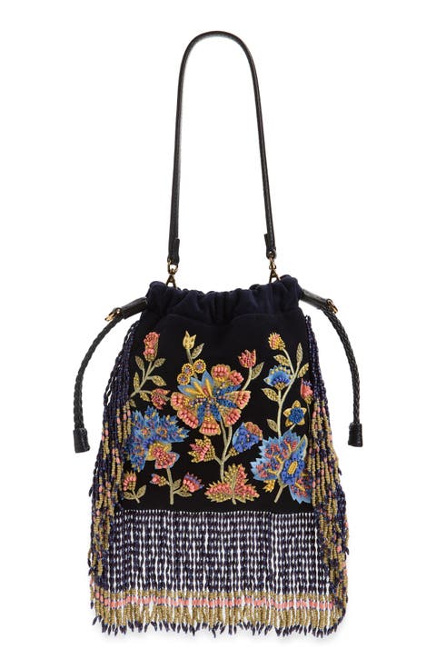 Kalispera Beaded Fringe Suede Shoulder Bag