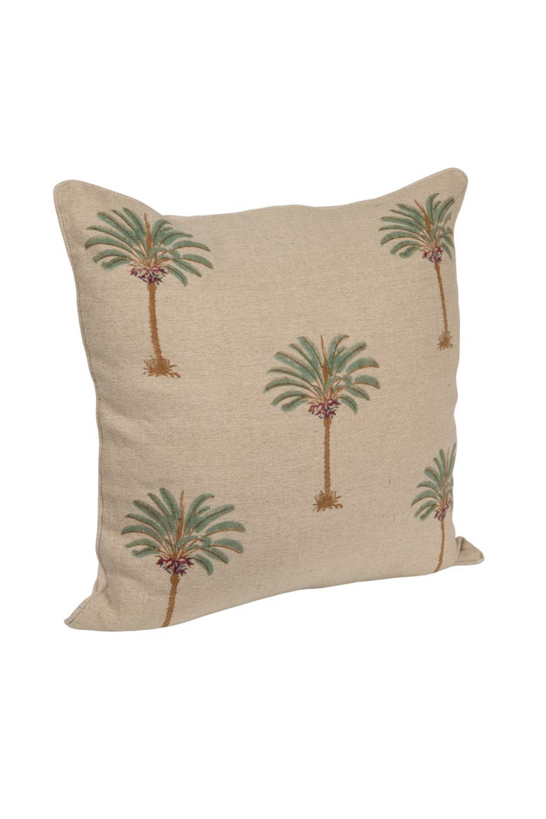 Cotton Linen Blend Block Printed Pillow with Palm Trees, Natural, Green and Brown, Alternate, color, Natural