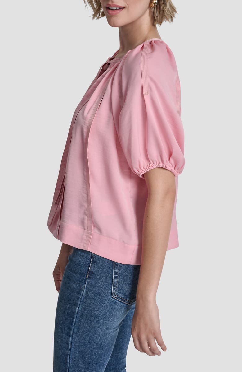 DKNY Puff Sleeve Contrast Stitch Tie Front Top, Alternate, color, Bloom Pink