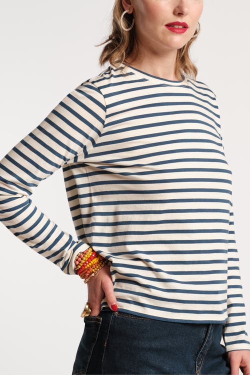 Frances Valentine Striped Pima Cotton Crewneck Top In Oyster/navy